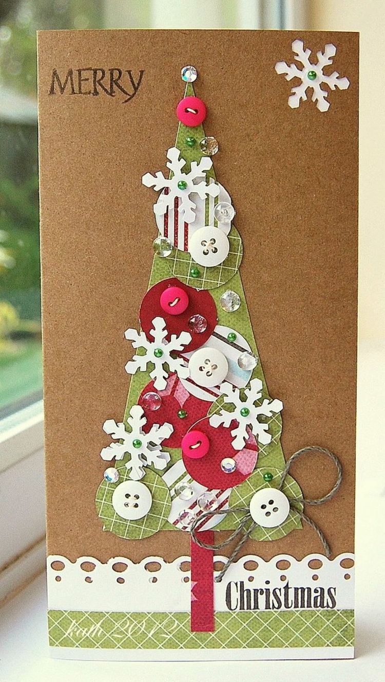 carte-voeux-Noel-décorée-sapin-papier-flocons-neige-boutons-strass