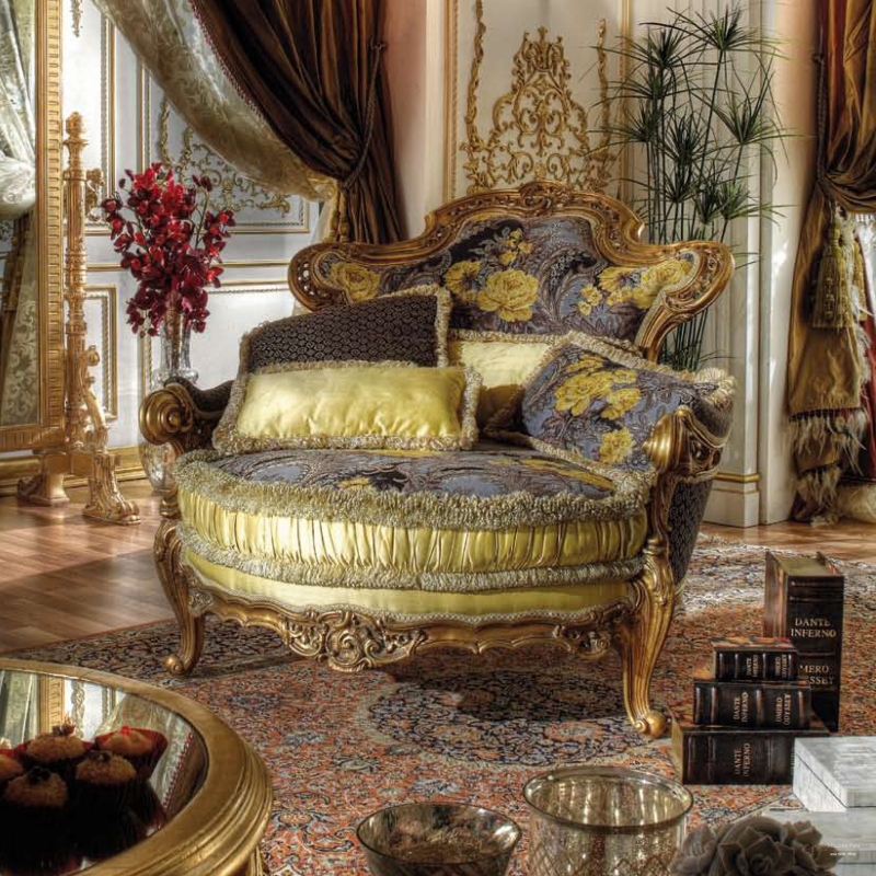 chaise-baroque-bois-doré-tapissée-bleu-jaune-doré