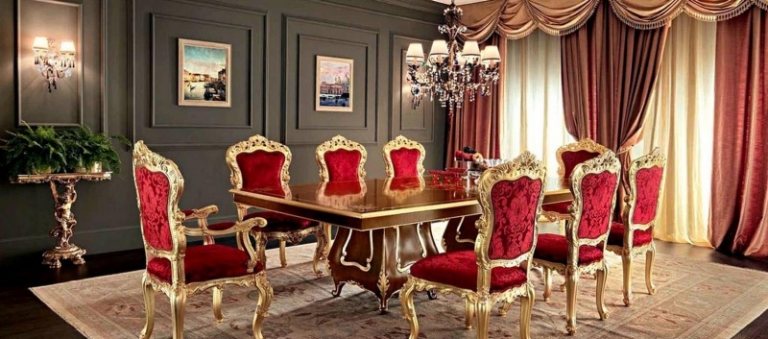 chaise-baroque-bois-doré-tapissée-velours-rouge-table-noyer-massif