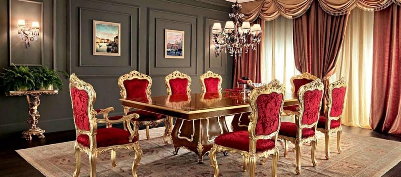 chaise-baroque-bois-doré-tapissée-velours-rouge-table-noyer-massif