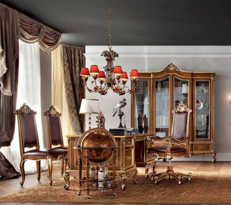 chaise-baroque-haut-dossier-bois-doré-tapissée-cuir-marron-foncé
