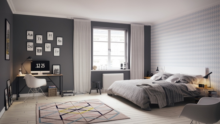 chambre scandinave grise blanche moderne tapis-motifs-géométriques