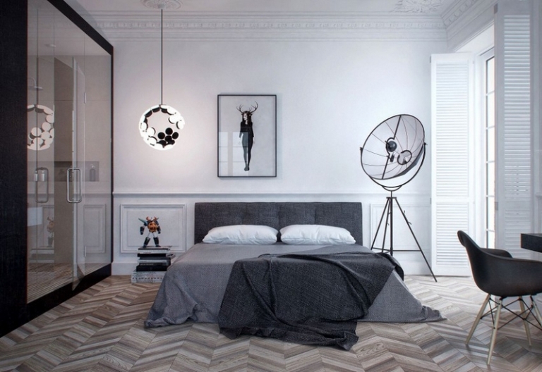 chambre-scandinave-moderne-gris-blanc-luminaires-design-tableau