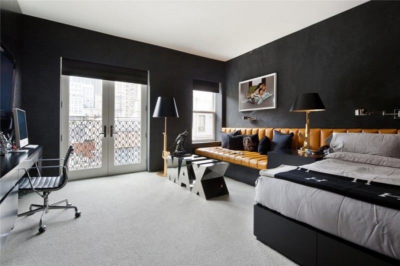 chambre style New York penthouse-NYC murs-noirs-accents-ocre