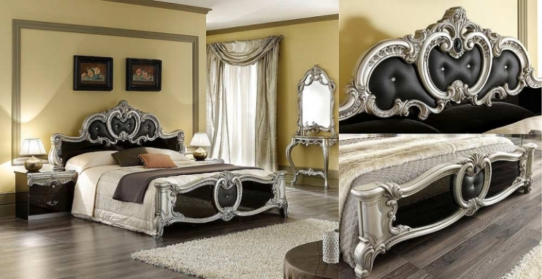 chambre style baroque beige-tête-lit-capitionné-cuir-noir-console-bois-argenté