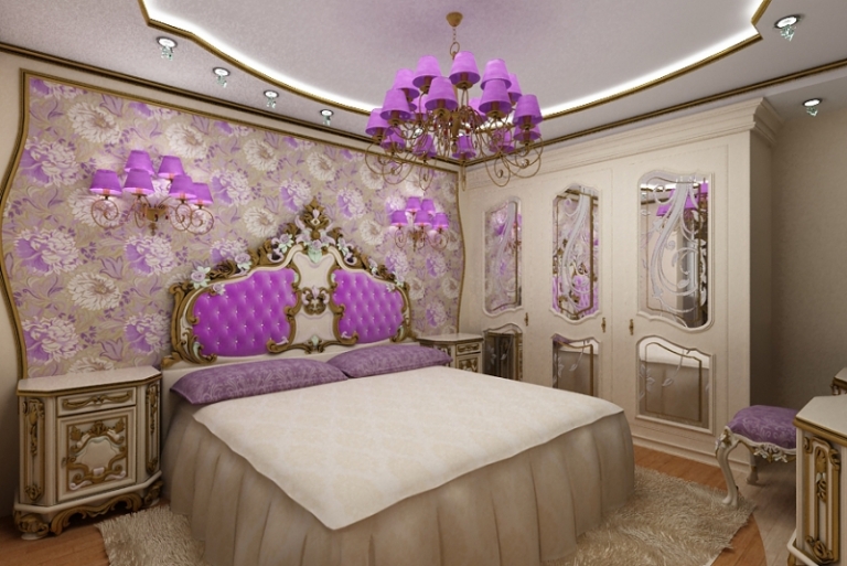 chambre-style-baroque-beige-violet-lit-assorti-Roméo-lustre-violet