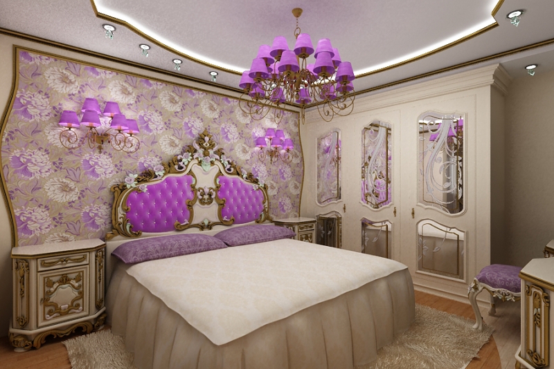 chambre-style-baroque-beige-violet-lit-assorti-Roméo-lustre-violet