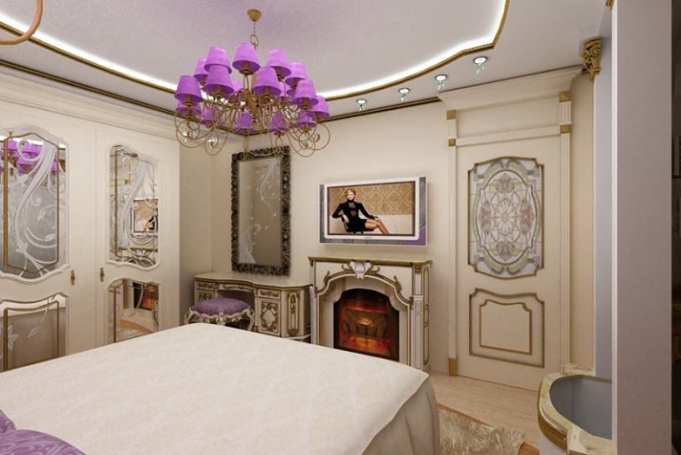 chambre-style-baroque-crème-lambris-mural-bois-lustre-abat-jour-violet