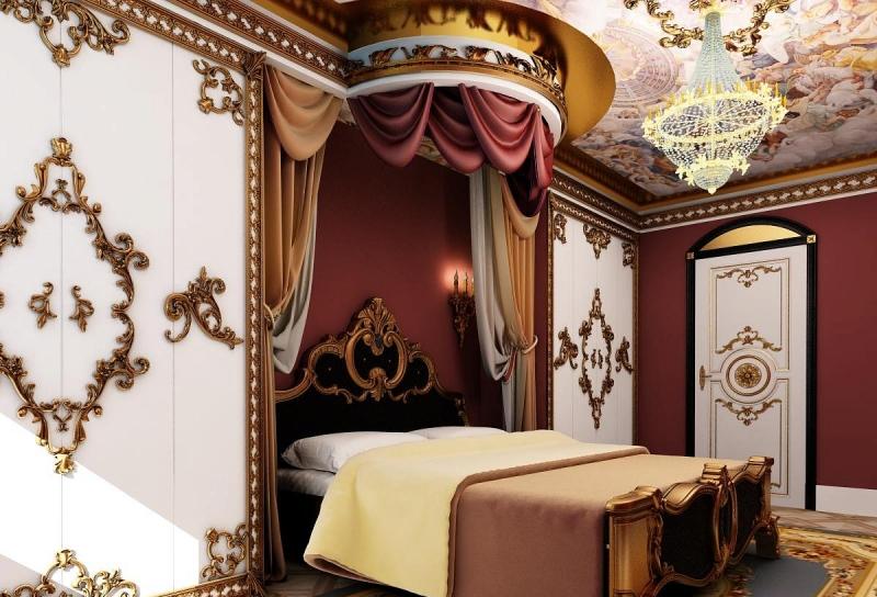 chambre-style-baroque-lambris-bois-blanc-motifs-dorés
