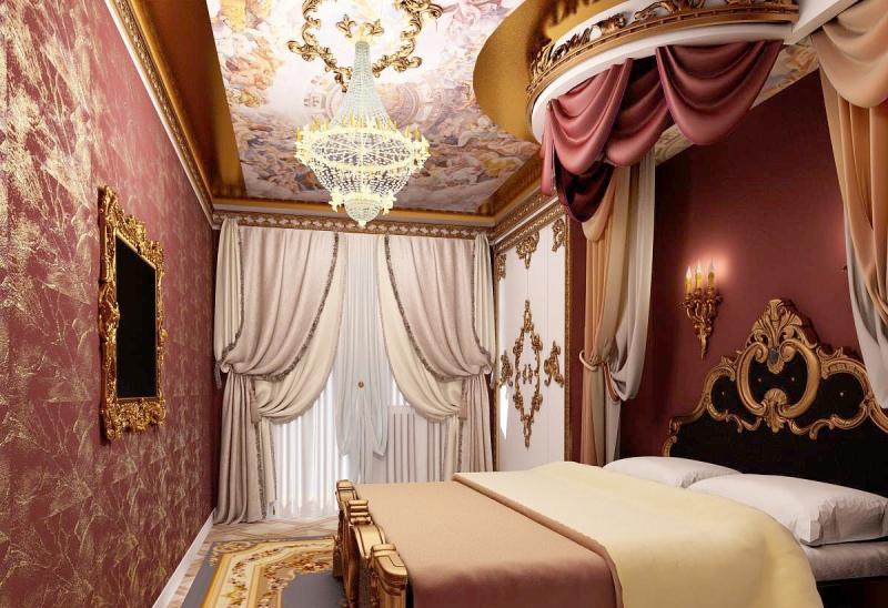 chambre-style-baroque-murs-marsala-lit-baldaquin-motifs-dorés