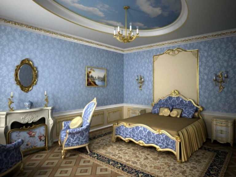 chambre-style-baroque-papiers-peints-bleus-mobilier-assorti