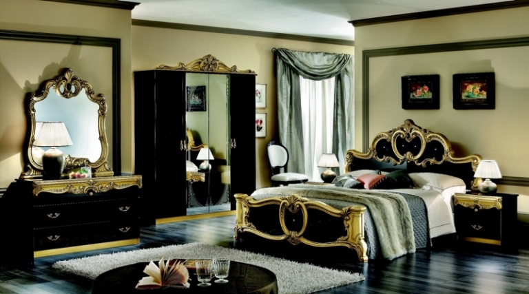 chambre-style-baroque-vert-pastel-meubles-bois-coloré-noir