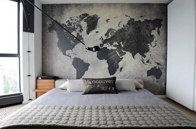 chambre-style-industriel-mur-béton-décoré-carte-mondiale-textures-grises