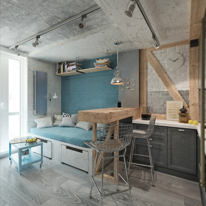 chambre-style-industriel-studio-cuisine-bar-bois-brut-spots-rail-accents-bleus
