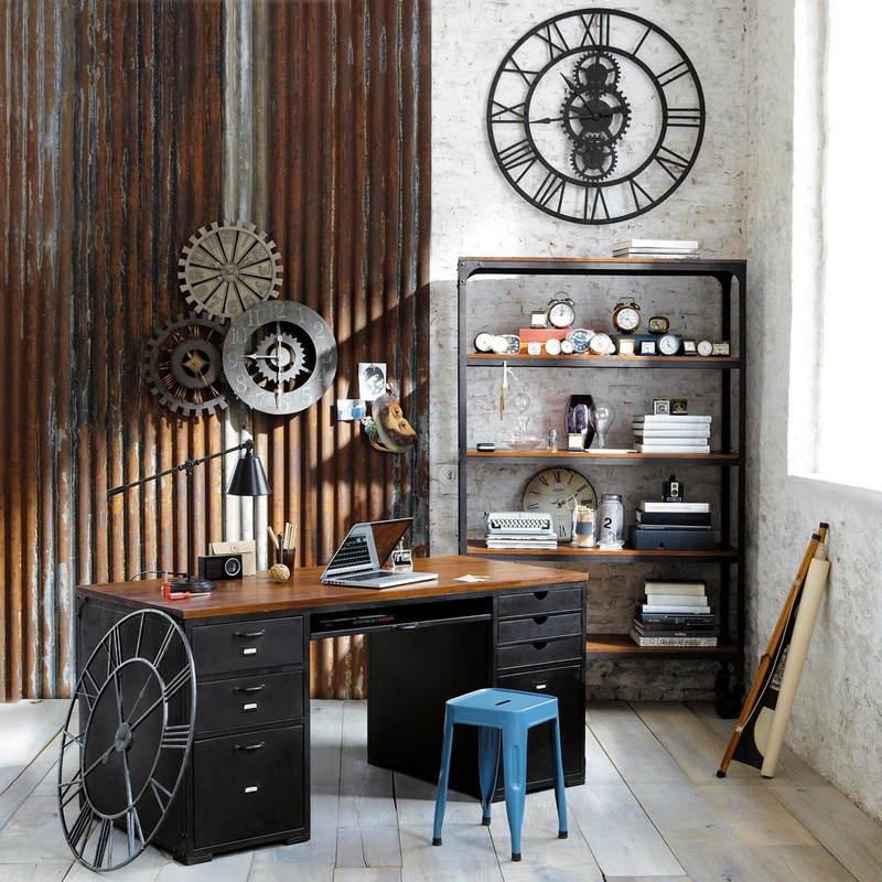 chambre-style-industriel-vintage-bureau-maison-horloge-murale-vintage
