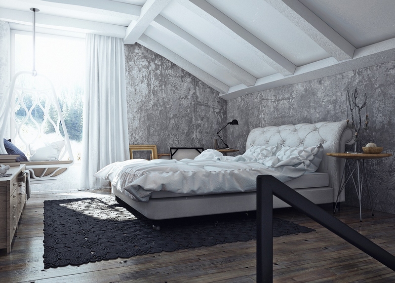 chambre-style-industriel-élégante-plafond-solives-blanches-lit-capitonné
