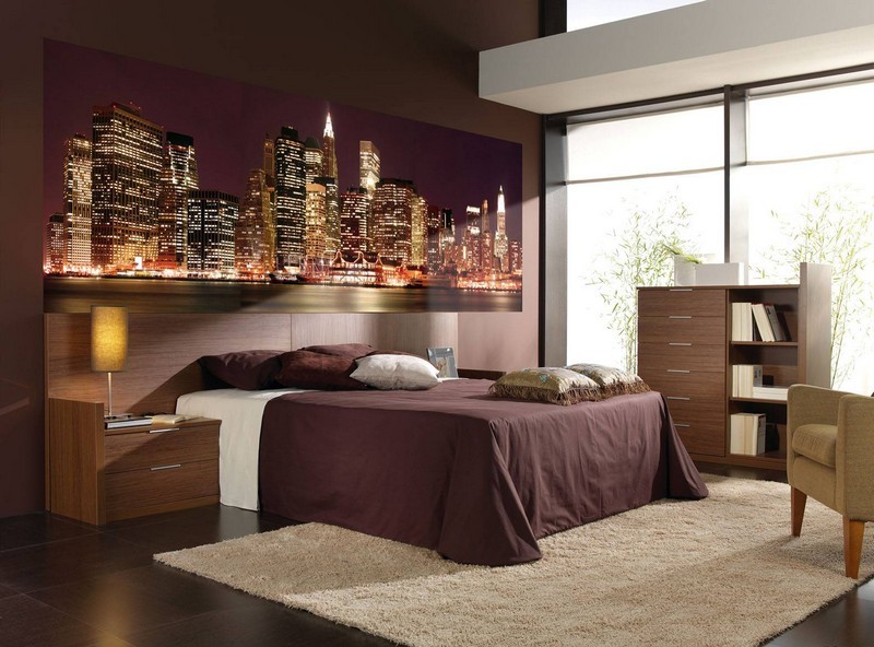 chambre-style-new-york-literie-marron-foncé-lambris-bois-carrelage-sol