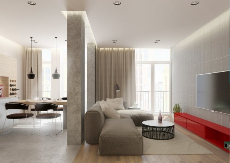 couleur-gris-appartement-aire-ouverte-colonnes-beton-meuble-tv-bas-rouge couleur gris