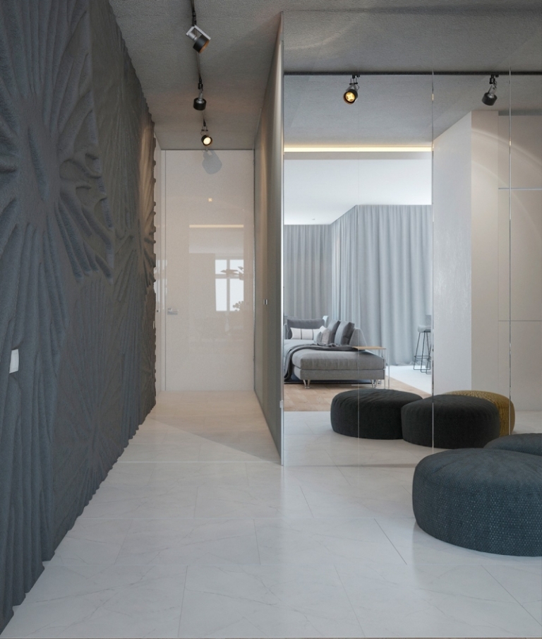 couleur-gris-appartement-armoire-porte-miroir-poufs-gris-deco-murale-3d couleur gris