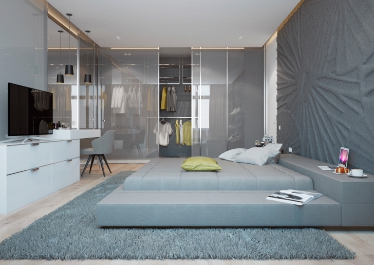 couleur-gris-appartement-chambre-coucher-deco-murale-fleur-3d-grise couleur gris