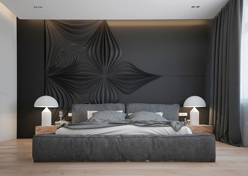 couleur-gris-appartement-chambre-coucher-deco-murale-fleur-3d couleur gris