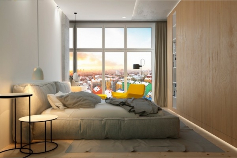couleur-gris-appartement-chambre-coucher-eclairage-indirect-panneau-mural-bois-table-gigogne couleur gris