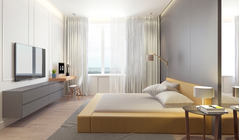 couleur-gris-appartement-chambre-coucher-paravent-gris-meuble-tv-bas-gris couleur gris