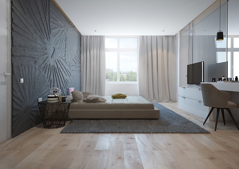 couleur-gris-appartement-chambre-deco-murale-gris-fonce-3d-meuble-tv-blanc couleur gris