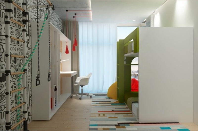 couleur-gris-appartement-chambre-enfants-lit-superpose-blanc-vert-tapis-bariole-meuble-bureau-blanc
