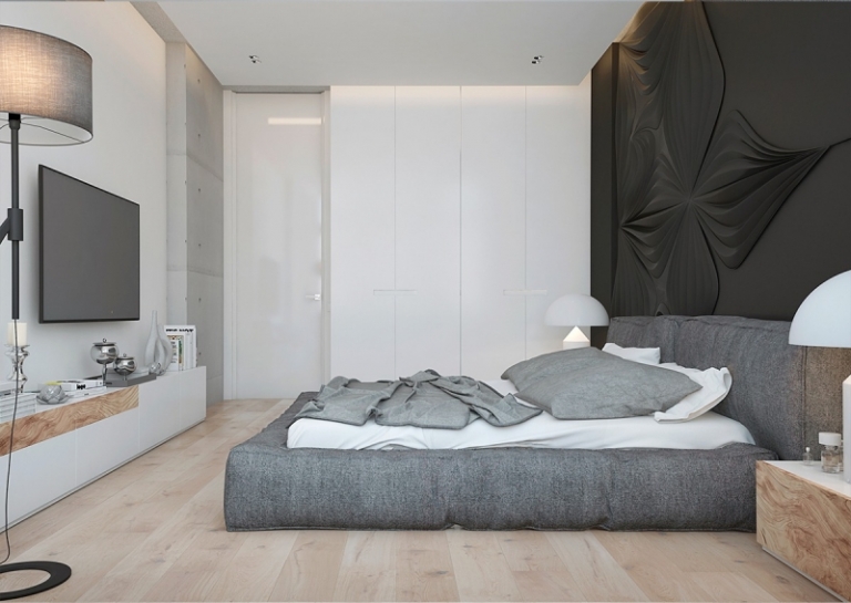 couleur-gris-appartement-chambre-lit-gris-deco-murale-fleur-3d-armoire-blanche