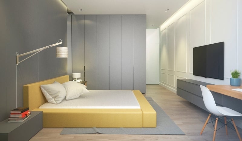 couleur-gris-appartement-chambre-lit-jaune-paravent-armoire-gris couleur gris