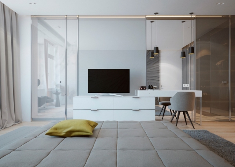couleur-gris-appartement-chambre-mit-gris-meuble-tv-blanc-chaise-grise