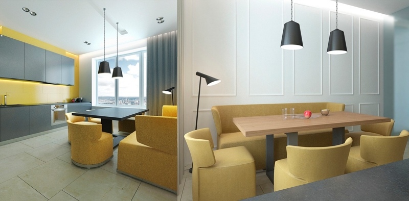 couleur-gris-appartement-cuisine-coin-repas-meubles-jaunes-armoires-grises couleur gris