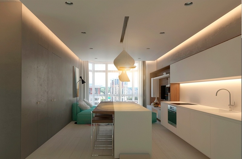 couleur-gris-appartement-cuisine-ouverte-mur-beton-eclairage-indirect couleur gris