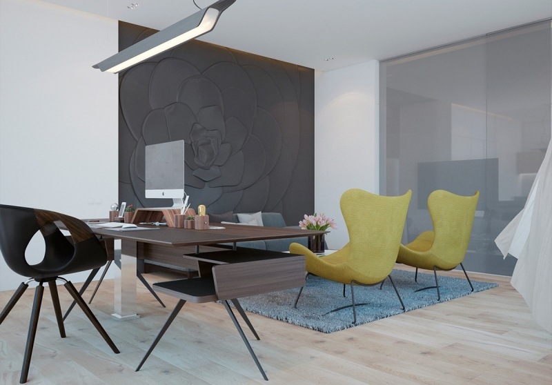 couleur-gris-appartement-deco-murale-fleur-3d-grise-meuble-bureau-bois-fauteuils-oreilles-jaunes