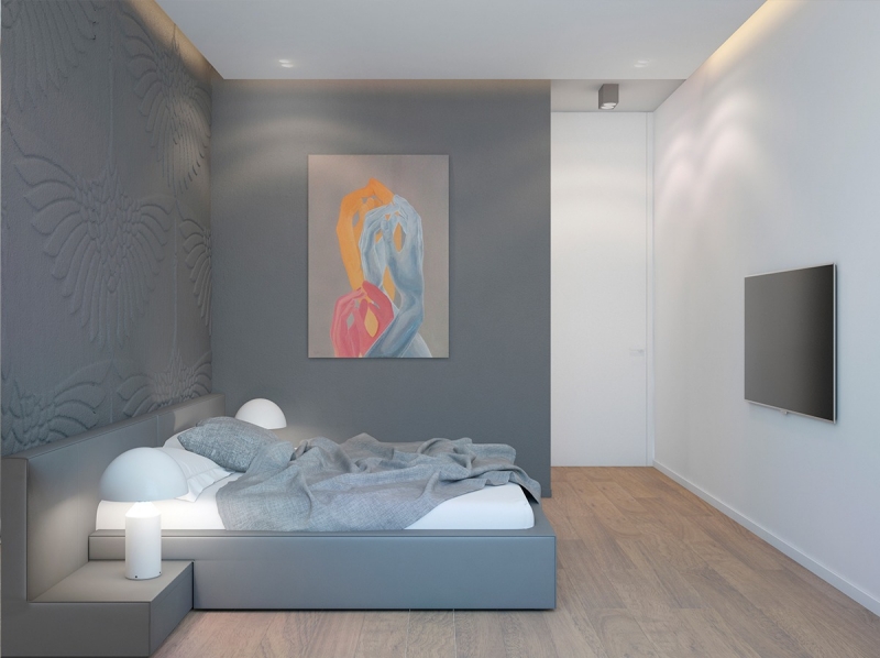 couleur-gris-appartement-deco-murale-grise-3d-lit-gris-lampes-chevet-blanches
