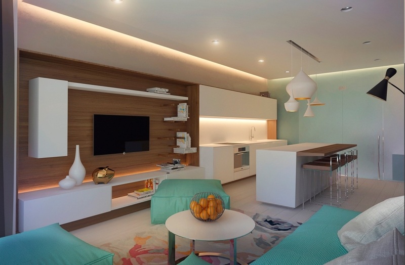 couleur-gris-appartement-meubles-vert-menthe-panneau-mural-bois-meuble-tv-blanc-cuisine-blanche couleur gris