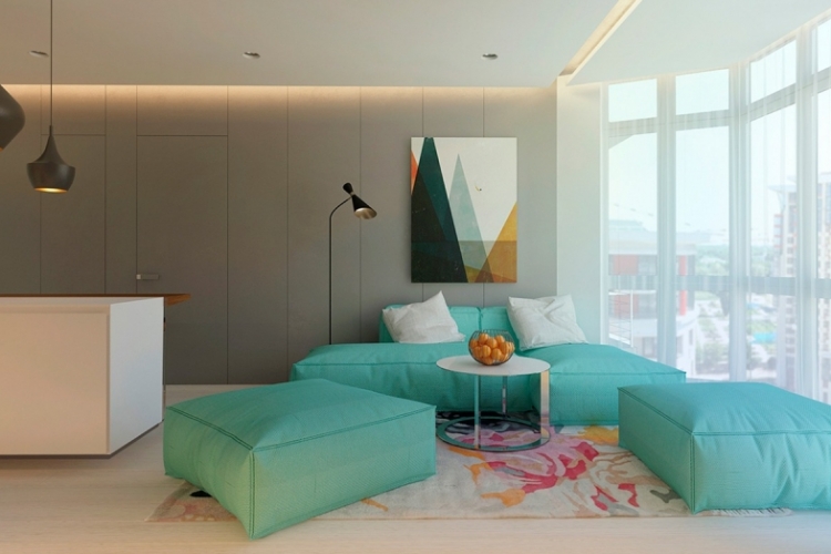 couleur-gris-appartement-salle-sejour-canape-ottomans-vert-menthe-tapis-bariole