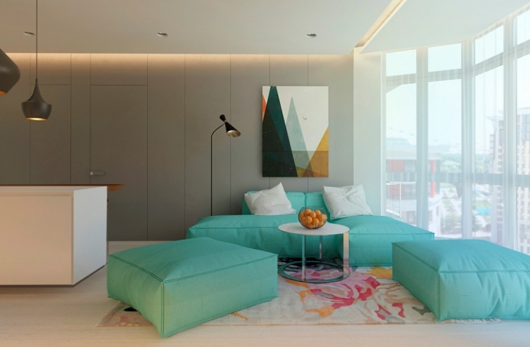 couleur-gris-appartement-salle-sejour-canape-ottomans-vert-menthe-tapis-bariole couleur gris