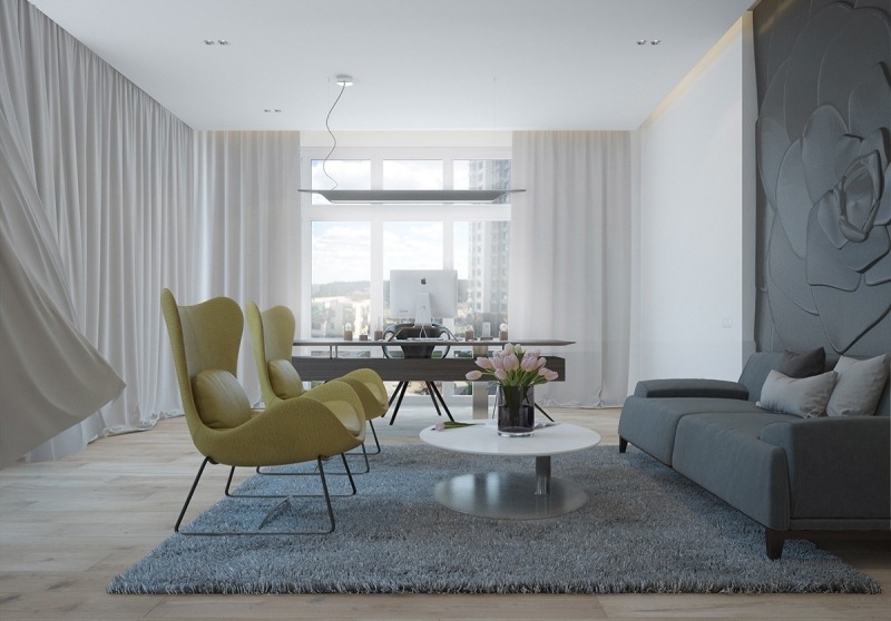 couleur-gris-appartement-salon-canape-gris-fauteuils-jaunes-table-basse-blanche couleur gris