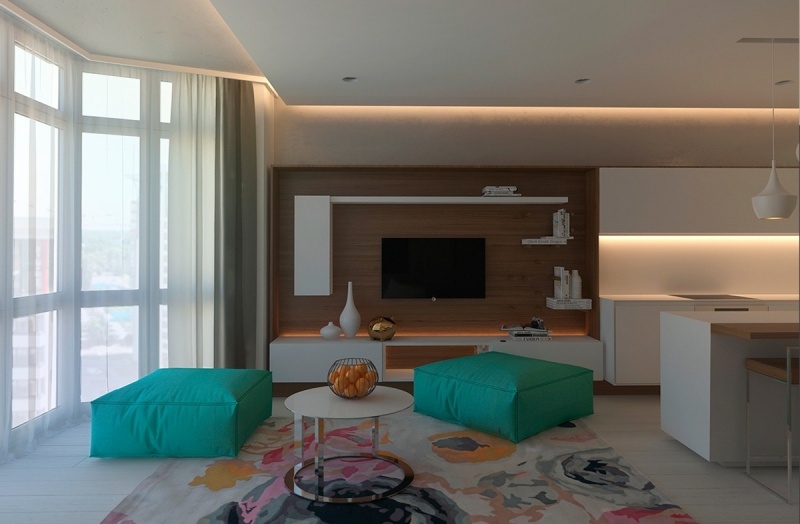 couleur-gris-appartement-salon-meuble-tv-blanc-ottomants-vert-menthe-tapis-bariole-table-ronde-blanche couleur gris