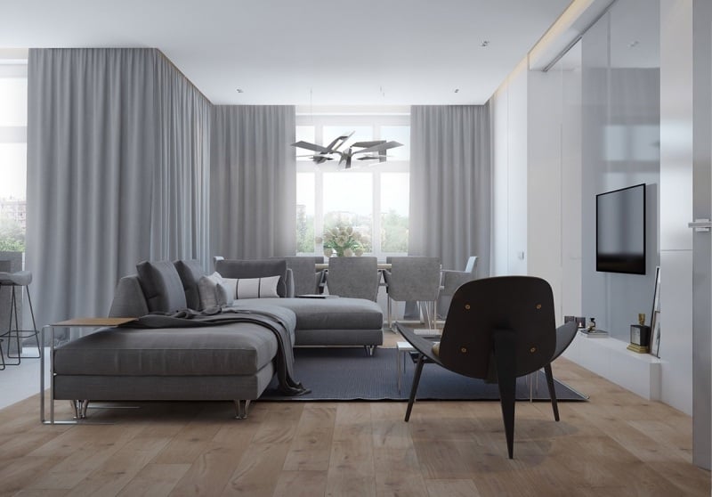 couleur-gris-appartement-salon-rideaux-gris-canape-angle-gris-clair-tapis-gris-fonce couleur gris