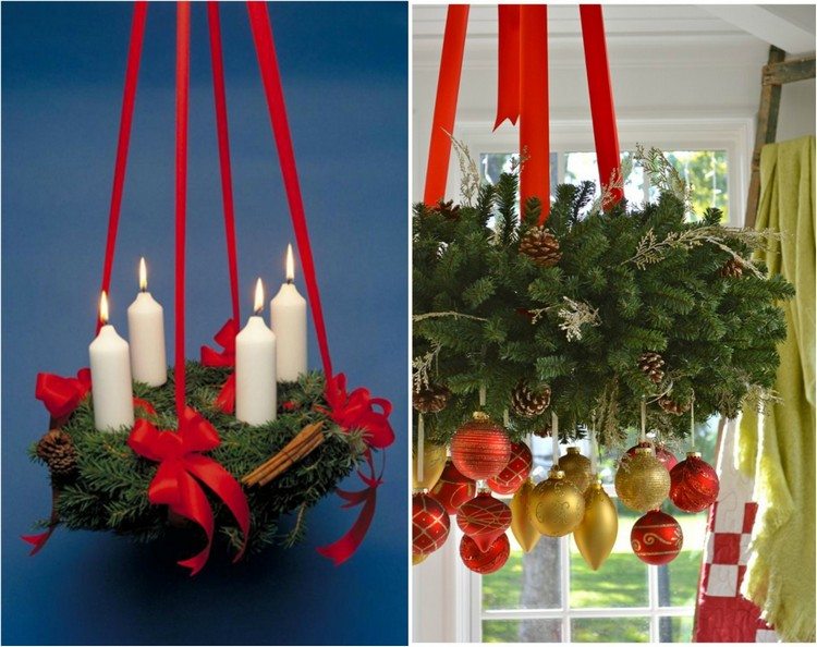 couronne-avent-suspendue-ruban-rouge-bougies-cylindriques-blanches-noeuds-rouges-branches-sapin-boules-noel