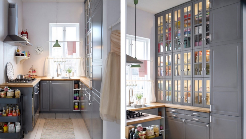 cuisine-gris-bois-blanc-Ikea-grande-armoire-portes-vitrées