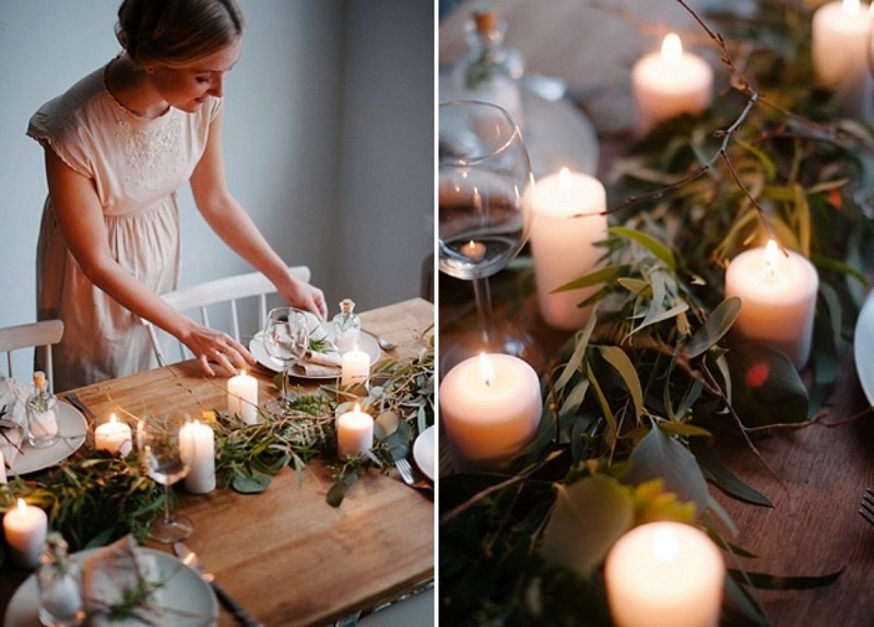 deco-mariage-hiver-rustique-bougies-blanches-branches-vertes déco mariage hiver