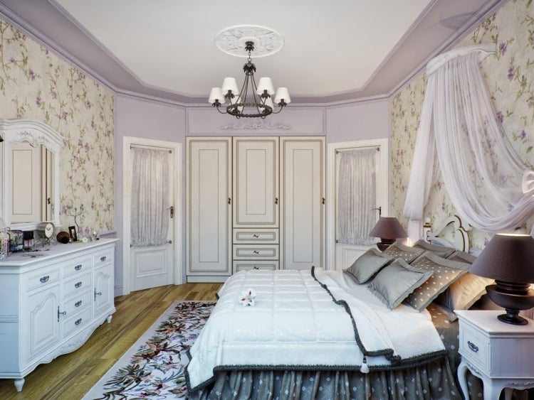 decoration-campagne-chic-chambre-coucher-papier-peint-motifs-floraux-ciel-lit-commode-blanche-armoires-encastrees