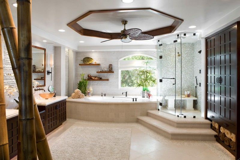 decoration-salle-bain-zen-cabine-douche-mosaique-baignoire-encastree-bambou