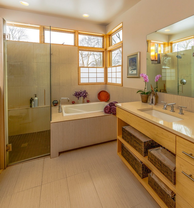 decoration-salle-bain-zen-carrelage-beige-meuble-vasque-bois-orchidee