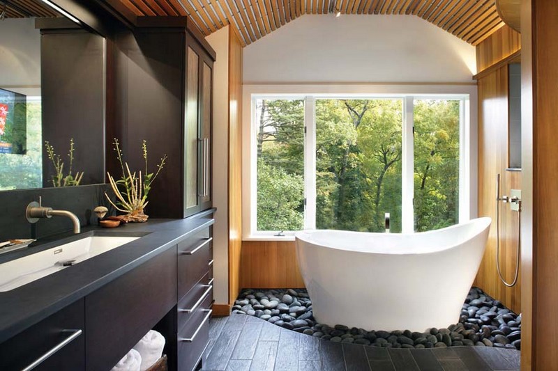 decoration-salle-bain-zen-galets-gris-baignoire-ilot-meuble-vasque-bois-brun décoration salle de bain zen