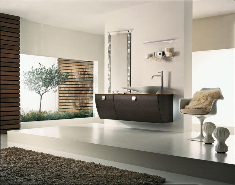 decoration-salle-bain-zen-meuble-vasque-bois-brun-tapis-shaggy-marron-fenetre-arbre décoration salle de bain zen